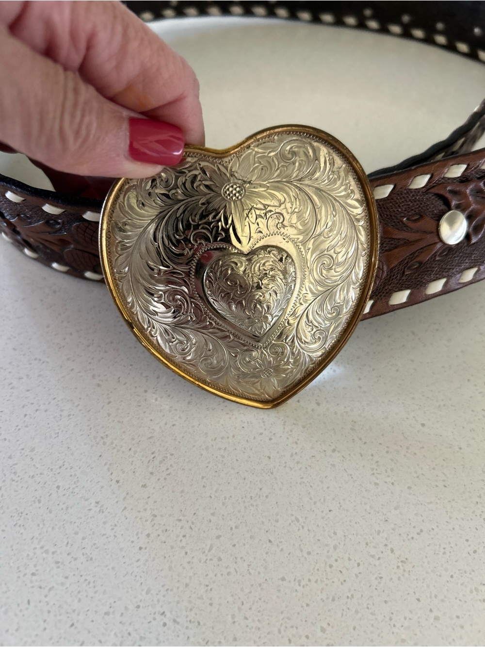 Heart Floral Engraved Montana Silversmiths Belt Buckle with Brown Leather Belt